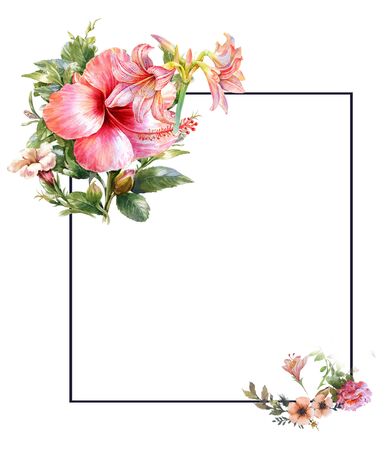 Watercolor painting of leaves and flower, on whiteの写真素材