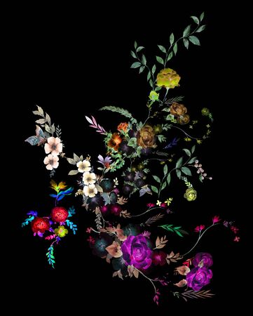 Watercolor painting of leaves and flower, on darkの写真素材