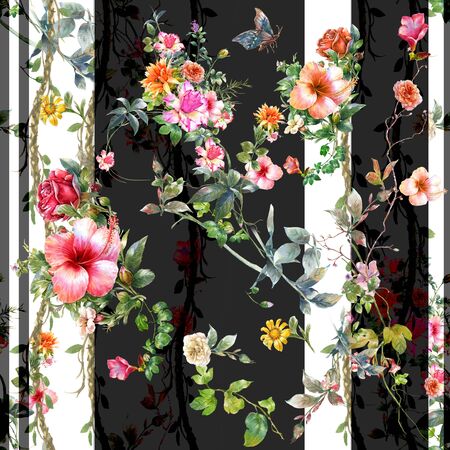 Watercolor painting of leaf and flowers, seamless pattern on darkの写真素材