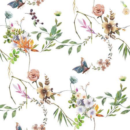 Watercolor painting of leaf and flowers, seamless pattern on whiteの写真素材