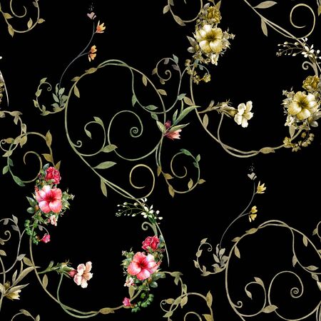 Watercolor painting of leaf and flowers, seamless pattern on darkの写真素材