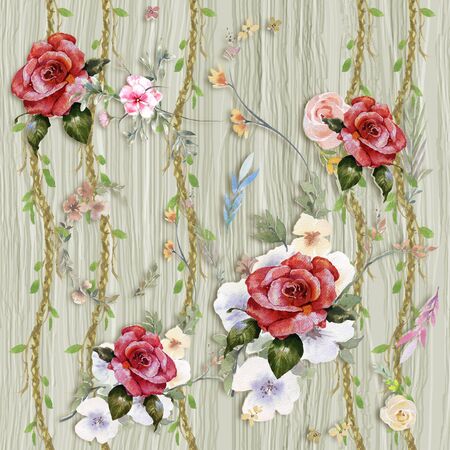 Watercolor painting of leaf and flowers, seamless patternの写真素材