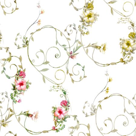 Watercolor painting of leaf and flowers, seamless patternの写真素材