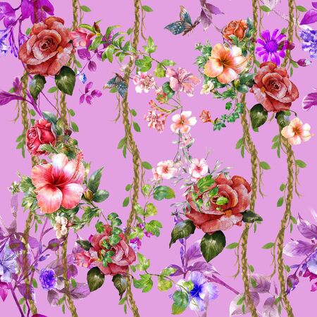 Watercolor painting of leaf and flowers, seamless patternの写真素材
