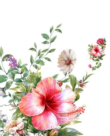 watercolor painting of leaves and flower, on white backgroundの写真素材