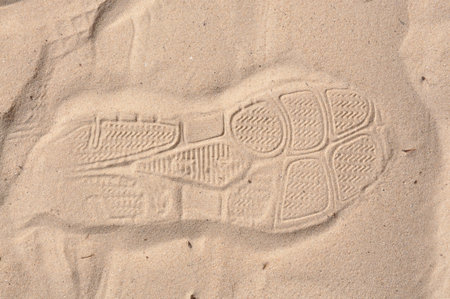 shoe foot print on sandの写真素材