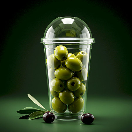 Green olives in a glass with olives on a green backgroundの素材