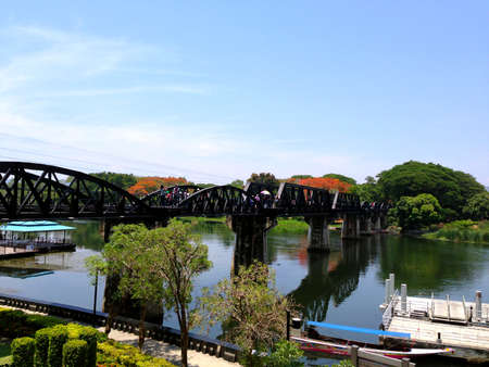 Metal structure elevation bridge over the riverの写真素材