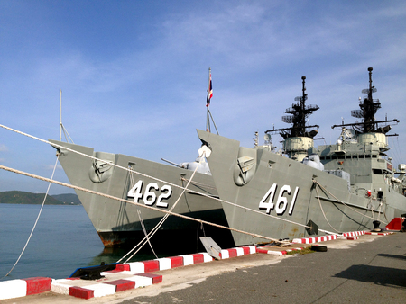 Battleship moored in the portの写真素材