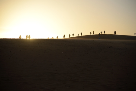 Group of people on top of sand dune watching the setting sun の写真素材