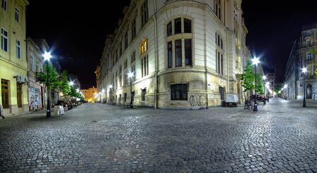 BUCHAREST, RO, MAY 2015: French and Post Streets in Old Center at Night.のeditorial素材