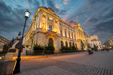 Bucharest, RO, FEB 2016. Sunset at Romanian National Bank.