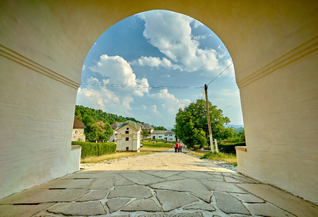 Tunnel view at Horezu Monastery in Romania.のeditorial素材
