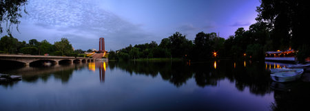 BUCHAREST, RO, MAY 2015:  Carol Park panorama with lake reflection.のeditorial素材