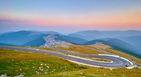 Sunset on Transalpina Highway in Romanian Mountains.の写真素材
