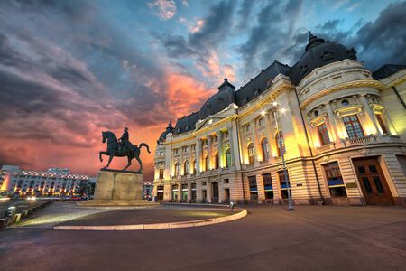 Bucharest by night. Sunset at the University Library.のeditorial素材