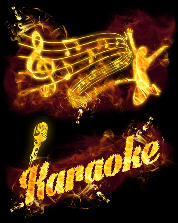 Fire karaoke set with text, microphone and  musical stave.の写真素材
