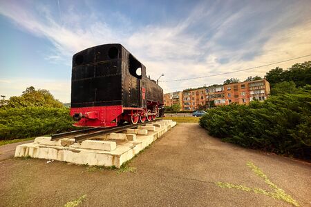 Old Black Red Locomotive in Resita, Romania.のeditorial素材