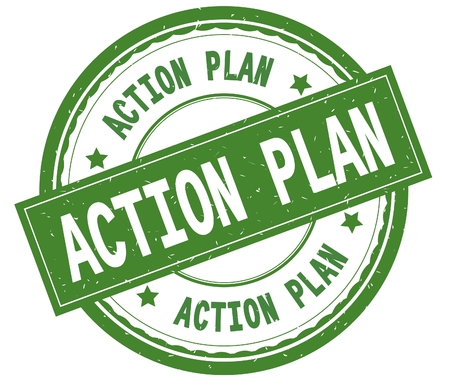 ACTION PLAN , written text on green round rubber vintage textured stamp.の写真素材