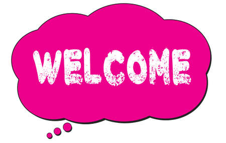 WELCOME text written on a pink thought cloud bubble.の写真素材