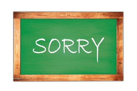 SORRY text written on green wooden frame school blackboard.の写真素材
