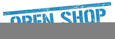 OPEN SHOP text on blue grungy rectangle stamp sign.