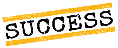 SUCCESS text written on yellow-black grungy lines stamp sign.の写真素材
