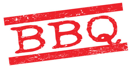 BBQ text written on red grungy lines stamp sign.の写真素材
