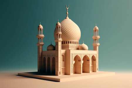 Islamic decoration background with beautiful mosque, cartoon style, ramadan kareem, mawlid, iftar, isra miraj, eid al fitr adha, muharram, copy space text area, 3D illustration.の素材