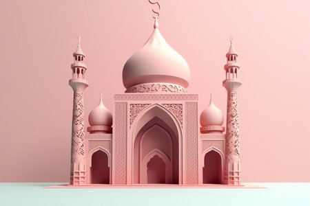 Islamic decoration background with beautiful mosque, cartoon style, ramadan kareem, mawlid, iftar, isra miraj, eid al fitr adha, muharram, copy space text area, 3D illustration.の素材