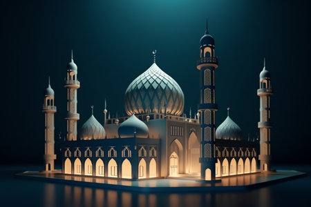 Islamic decoration background with beautiful mosque, cartoon style, ramadan kareem, mawlid, iftar, isra miraj, eid al fitr adha, muharram, copy space text area, 3D illustration.の素材