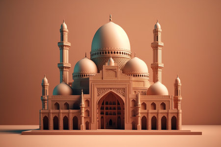 Islamic decoration background with beautiful mosque, cartoon style, ramadan kareem, mawlid, iftar, isra miraj, eid al fitr adha, muharram, copy space text area, 3D illustration.の素材