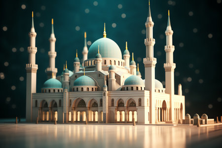 Islamic decoration background with beautiful mosque, cartoon style, ramadan kareem, mawlid, iftar, isra miraj, eid al fitr adha, muharram, copy space text area, 3D illustration.の素材