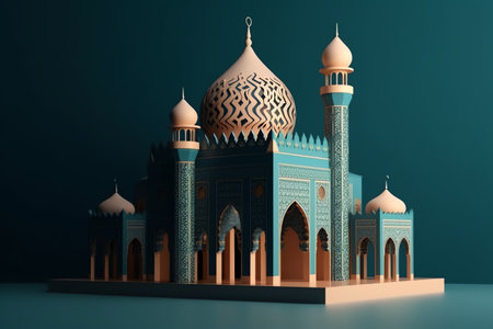 Islamic decoration background with beautiful mosque, cartoon style, ramadan kareem, mawlid, iftar, isra miraj, eid al fitr adha, muharram, copy space text area, 3D illustration.の素材