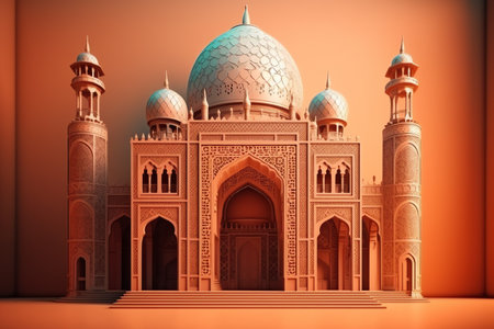Islamic decoration background with beautiful mosque, cartoon style, ramadan kareem, mawlid, iftar, isra miraj, eid al fitr adha, muharram, copy space text area, 3D illustration.の素材