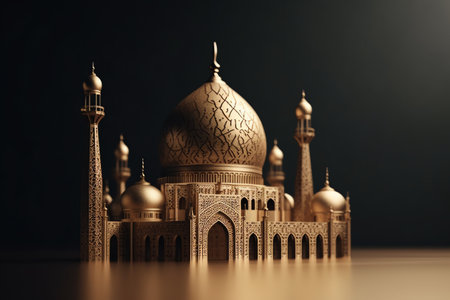 Islamic decoration background with beautiful mosque, cartoon style, ramadan kareem, mawlid, iftar, isra miraj, eid al fitr adha, muharram, copy space text area, 3D illustration.の素材