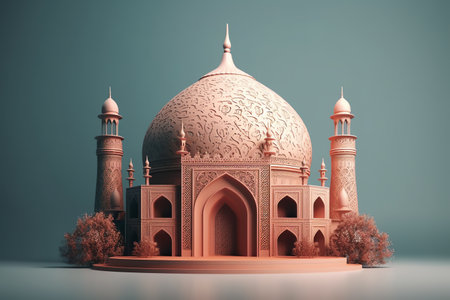 Islamic decoration background with beautiful mosque, cartoon style, ramadan kareem, mawlid, iftar, isra miraj, eid al fitr adha, muharram, copy space text area, 3D illustration.の素材