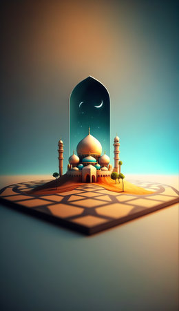 Islamic decoration background with beautiful mosque, cartoon style, ramadan kareem, mawlid, iftar, isra miraj, eid al fitr adha, muharram, copy space text area, 3D illustration.の素材