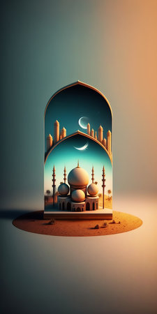 Islamic decoration background with beautiful mosque, cartoon style, ramadan kareem, mawlid, iftar, isra miraj, eid al fitr adha, muharram, copy space text area, 3D illustration.の素材