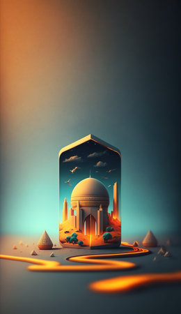 Islamic decoration background with beautiful mosque, cartoon style, ramadan kareem, mawlid, iftar, isra miraj, eid al fitr adha, muharram, copy space text area, 3D illustration.の素材