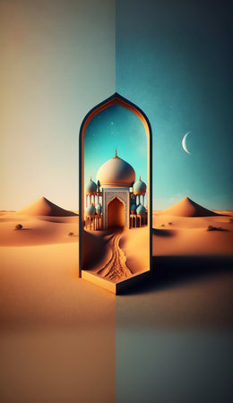 Islamic decoration background with beautiful mosque, cartoon style, ramadan kareem, mawlid, iftar, isra miraj, eid al fitr adha, muharram, copy space text area, 3D illustration.の素材