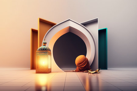 Islamic decoration background with beautiful mosque, cartoon style, ramadan kareem, mawlid, iftar, isra miraj, eid al fitr adha, muharram, copy space text area, 3D illustration.の素材