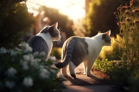 Two cats walking in the garden at sunset. Love and affection concept.の素材