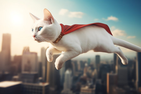 Cute white cat in red cape and red cape flying over cityの素材