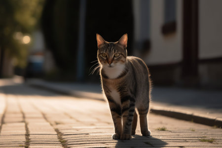 Domestic cat walks on the street in the evening. Selective focus.の素材