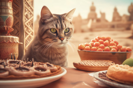 Cute cat with plate of sweets and fruits on the table.の素材