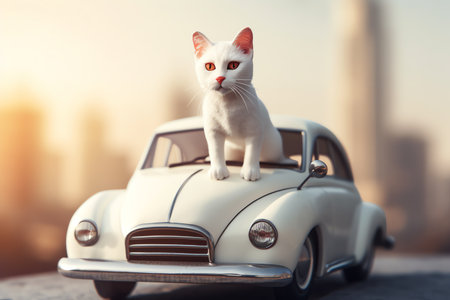 White cat on a vintage car. Vintage car. Retro car.の素材