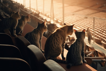 Group of bengal cats sitting on the chairs in the stadiumの素材
