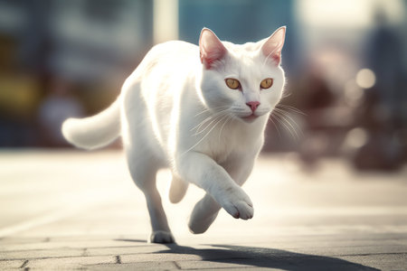 Beautiful white cat running on the street in the evening light.の素材