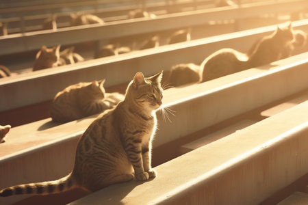 Cats sitting on the wooden floor in the sun light, vintage toneの素材